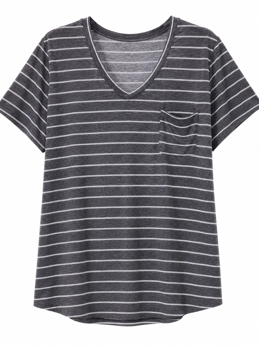Charcoal Gray & White Striped V-Neck Pocket Tee Tunic Relaxed